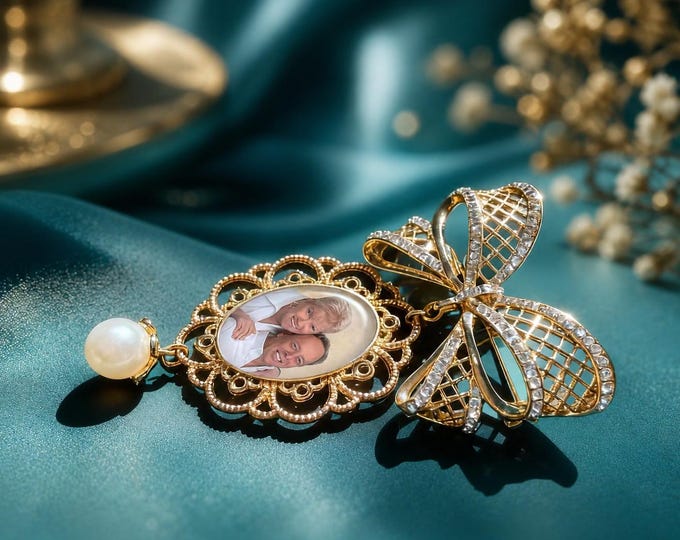 Custom Photo Bouquet Keepsake, Bow Brooch with Lacy Charm and Pearl Accent, in Memory of a Loved One, for the Bride