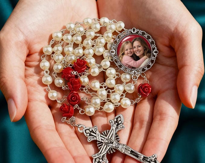White Rosary with Red Roses Personalized with Your Photo, In Honor of or Memorial Remembrance, Celebration of Life, Sacrament Gift