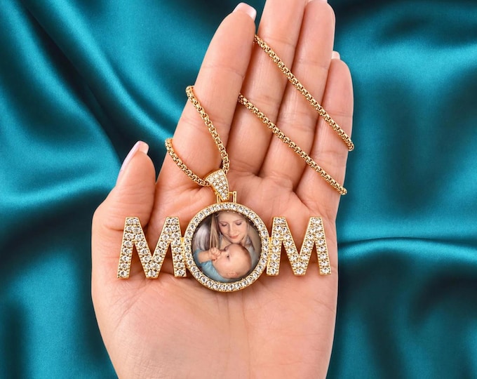 Personalized MOM Photo Charm Pendant with Your Picture, Custom Rhinestone Bouquet Charm/Necklace, Mother Remembrance Gift -Sympathy Gift