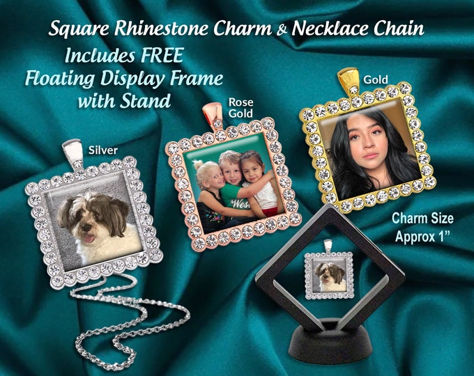 Square Rhinestone Photo Charm with Floating Display Frame, Your Personalized Picture Necklace, Bling Photo Charm or Bridal Bouquet Pendant