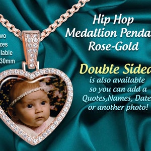 Hip Hop Iced Out Design with Your Favorite Picture, Custom Heart Shaped Photo (30mm) Medallion Pendant Necklace,  Amazing for Gift Giving