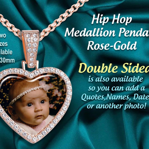 Hip Hop Iced Out Design with Your Favorite Picture, Custom Heart Shaped Photo (30mm) Medallion Pendant Necklace,  Amazing for Gift Giving