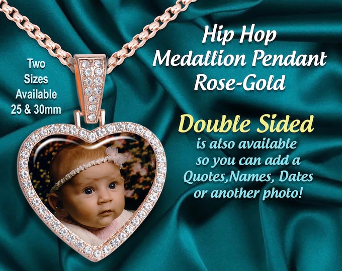 Hip Hop Iced Out Design with Your Favorite Picture, Custom Heart Shaped Photo (30mm) Medallion Pendant Necklace,  Amazing for Gift Giving