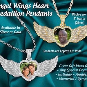Custom Photo Hip Hop Pendant Necklace, Iced Out Bling Angel Wings Heart, Personalized with YOUR Favorite Picture, Memory Keepsake Jewelry