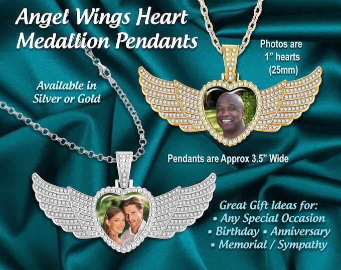 Personalized Memorial Photo Heart Pendant with Rhinestones | Angel Wing Medallion | Sympathy or Keepsake Gift