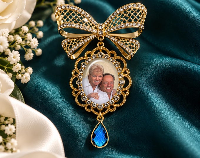 Something Blue Bridal Bouquet Charm, Personalized Wedding Photo Charm, Memorial Keepsake, Custom Bride Gift, Gold or Silver Charm