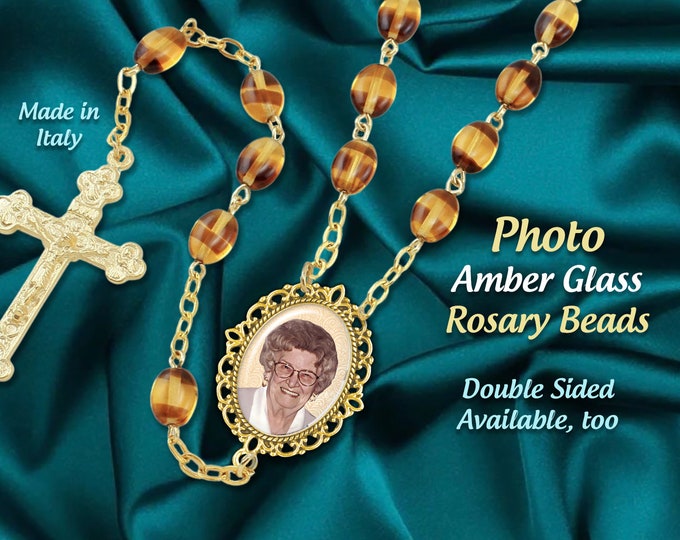 Custom Catholic Photo Glass Rosary Beads, Memorial Remembrance, Anniversaries, Birthdays, Weddings, With Your Picture, Double Sided Charm