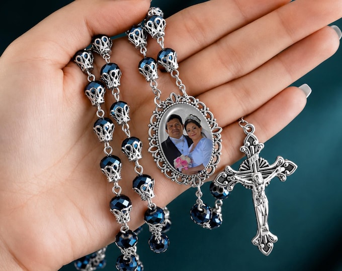 Custom Personalized Photo Rosary Beads – Deep Blue Crystal, Silver Crucifix, Memorial Keepsake