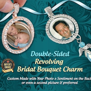 2-Sided Custom Photo Bouquet Charm, Rotating and Spins to Showoff Your Picture & Sentiment, In Memory Of Loved Ones Keepsake Jewelry