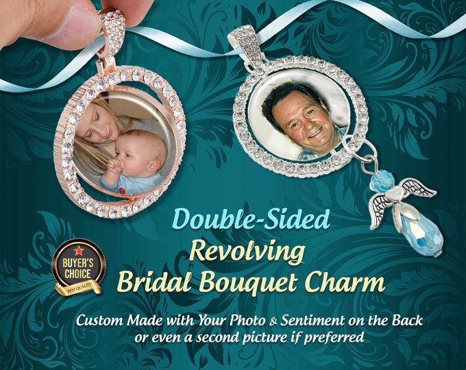 2-Sided Custom Photo Bouquet Charm, Rotating and Spins to Showoff Your Picture & Sentiment, In Memory Of Loved Ones Keepsake Jewelry