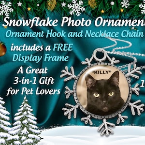 SPECIAL 3 Gifts in One -Personalized Pet Snowflake Photo Christmas Ornament with FREE Necklace Chain & Floating Display  Frame Gift Boxed