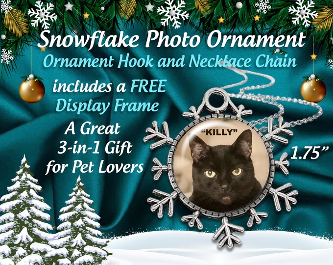 SPECIAL 3 Gifts in One -Personalized Pet Snowflake Photo Christmas Ornament with FREE Necklace Chain & Floating Display  Frame Gift Boxed