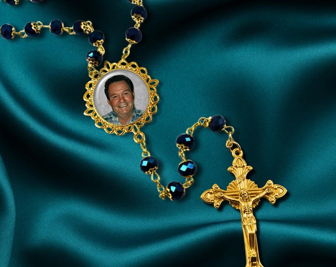 Blue Crystal & Gold Capped Custom Photo Rosary - Wedding - Something Blue, Celebration of Life or Sympathy Gift