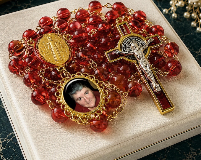 Red St. Benedict Photo Rosary, Personalized with Your Picture for Birthdays, Anniversaries, Memorial Sympathy Celebration of Life
