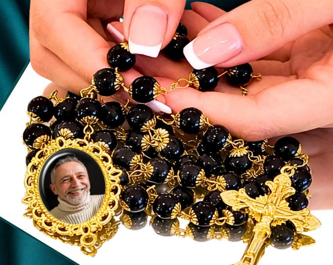 Custom Photo Rosary Necklace – Black and Gold Catholic Memorial Jewelry with FREE Photo Restoration
