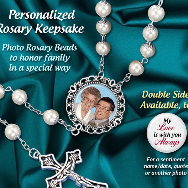 Personalized Photo Rosary Beads, Elegant WHITE -Silver Crowns, for Anniversaries, Weddings, Quinceañeras, Sacraments, Memorials, 2- Sided