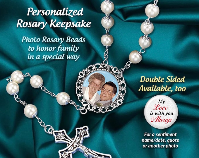 Personalized Photo Rosary Beads, Elegant WHITE -Silver Crowns, for Anniversaries, Weddings, Quinceañeras, Sacraments, Memorials, 2- Sided