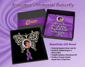 Alzheimer’s Butterfly Memorial Photo Charm – Picture Tribute Keepsake, Ornament, Key Chain or Bouquet Charm in Remembrance of a Loved One