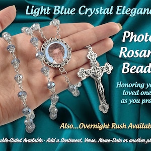 Elegant Light Blue Crystal Photo Rosary Beads - Religious Catholic Prayer Beads - Memorial Beads - Custom & Personalized with Your Picture