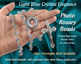 Elegant Light Blue Crystal Photo Rosary Beads - Religious Catholic Prayer Beads - Memorial Beads - Custom & Personalized with Your Picture