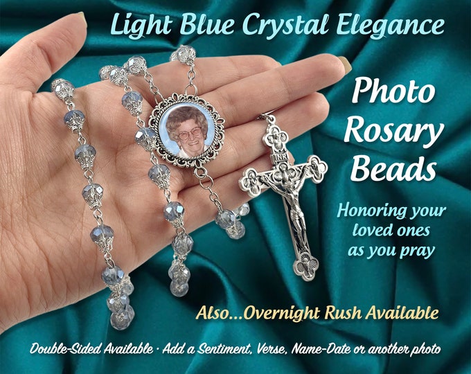 Elegant Light Blue Crystal Photo Rosary Beads - Religious Catholic Prayer Beads - Memorial Beads - Custom & Personalized with Your Picture