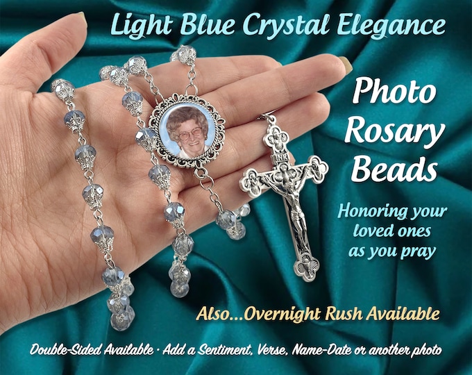 Elegant Light Blue Crystal Photo Rosary Beads - Religious Catholic Prayer Beads - Memorial Beads - Custom & Personalized with Your Picture
