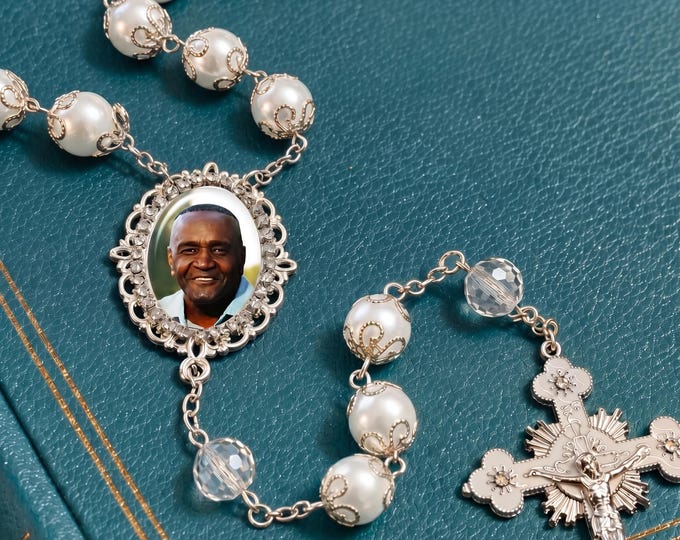 Luxurious Catholic Wedding Rosary with Custom Photo White Glass Pearl Beads Handcrafted - Bride Groom Heirloom Keepsake Gift