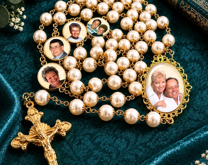 Legacy Rosary with 5 Custom Photo Beads – Personalized Catholic Gift-Memorial or Living Loved Ones