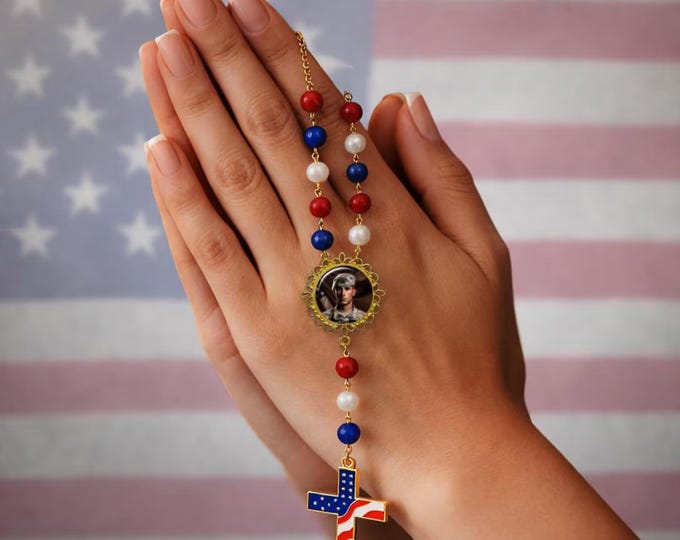 Patriotic Car Rosary – Handmade Custom Photo Rosary with American Flag Cross