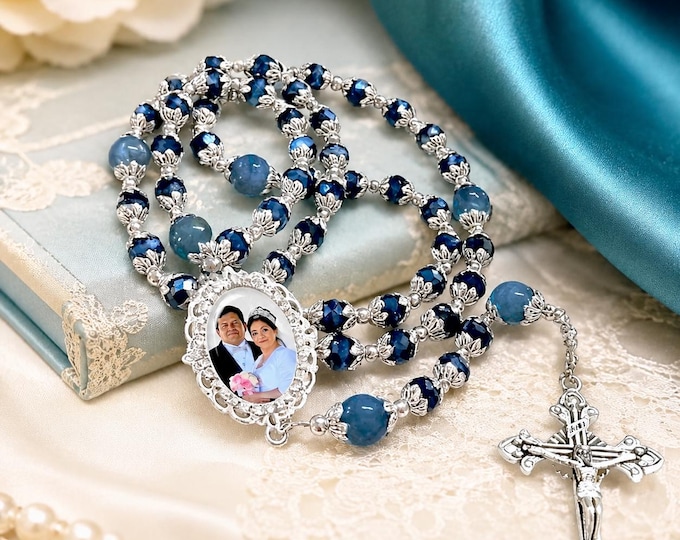Custom Radiant Blue Rosary - Crystal Catholic Rosary Beads with Rhinestone Photo Charm - Memorial Jewelry