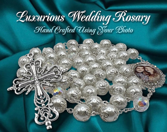 Luxurious Catholic Wedding Rosary with Your Photo White Glass Pearl Beads Handcrafted - Bride Groom Heirloom Keepsake Gift