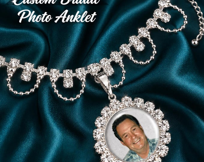 Bridal Custom Photo Anklet, Rhinestone Austrian Crystal Adjustable Ankle Bracelet, Something Blue for Bride