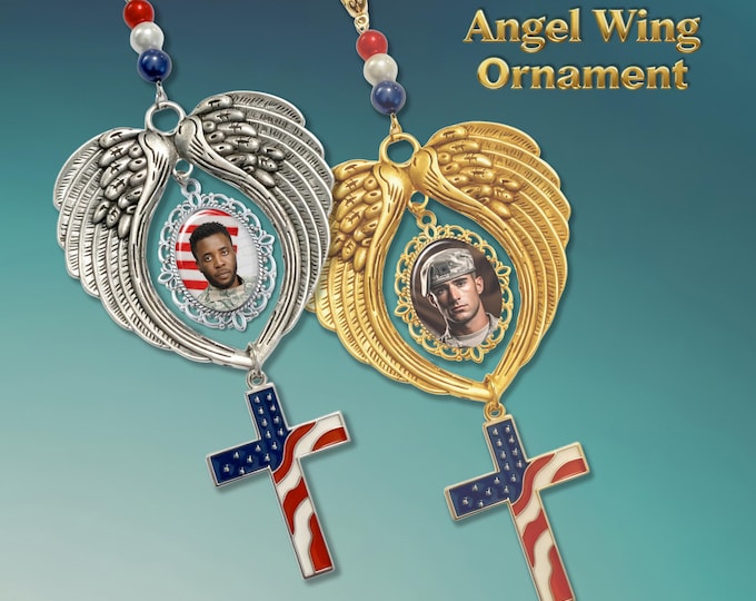 Patriotic Angel Wing Ornament – Custom Photo Charm with American Flag Cross | Military Memorial Gift | USA Keepsake