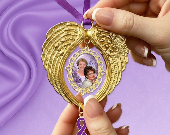 Gold Angel Wing Photo Ornament - Alzheimer’s Tribute Memorial Gift, Car Mirror or Christmas Keepsake with Poem Gift Box