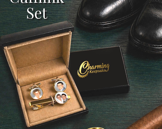 Custom Photo Cufflink Set, Matching Tie Bar Clip, Wedding Gift