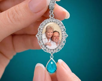 Bridal Bouquet Custom Photo Charm – Something Blue Wedding Keepsake with Rhinestones