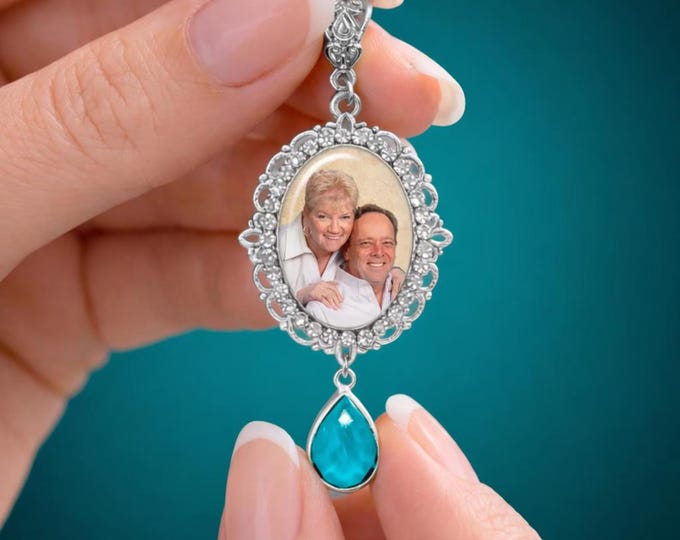 Bridal Bouquet Custom Photo Charm – Something Blue Wedding Keepsake with Rhinestones
