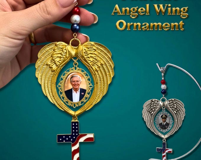 Patriotic Angel Wing Ornament – Custom Photo Charm with American Flag Cross | Military Memorial Gift | USA Keepsake