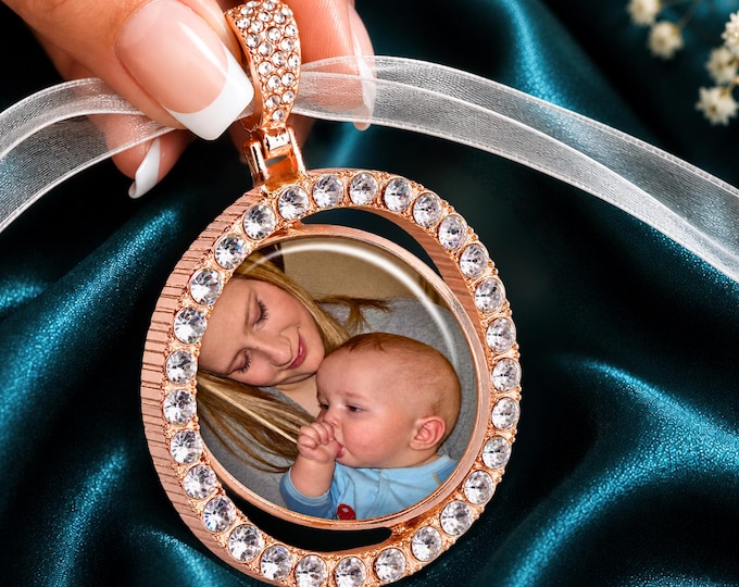 2-Sided Custom Photo Bridal Bouquet Charm, Rotating to Showoff Your Picture & Sentiment, In Memory Of Loved Ones Keepsake Jewelry