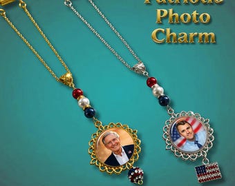 Personalized Patriotic Photo Charm, Custom Picture Ornament, USA Gift, Memorial Keepsake for Car Mirror
