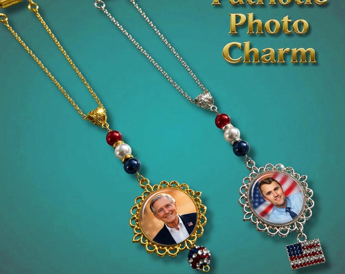 Personalized Patriotic Photo Charm, Custom Picture Ornament, USA Gift, Memorial Keepsake for Car Mirror