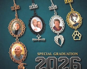 Custom 2026 Graduation Photo Charm for Tassel & Includes Keepsake Grad-Cap Shape Gift Box with Custom Message