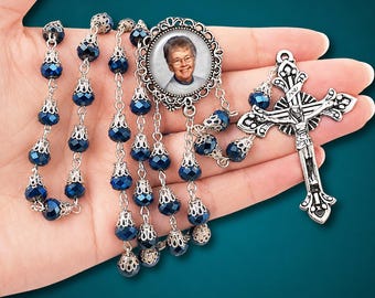 Handmade Catholic Deep Blue Crystal Picture Rosary Beads - Something Blue for Weddings, Bridal Gifts