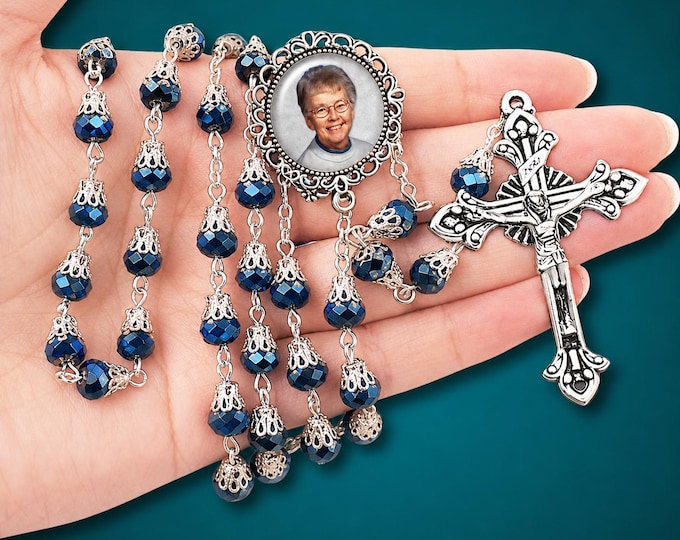 Handmade Catholic Deep Blue Crystal Picture Rosary Beads - Something Blue for Weddings, Bridal Gifts