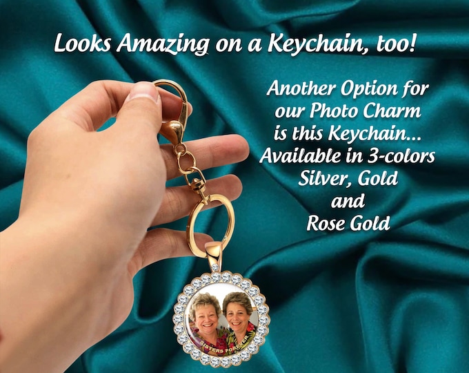 Rhinestone Photo Keychain Charm, Your Personalized Picture Surrounded by Bling, Double Sided Available, Gift for Family, Friends or Pets