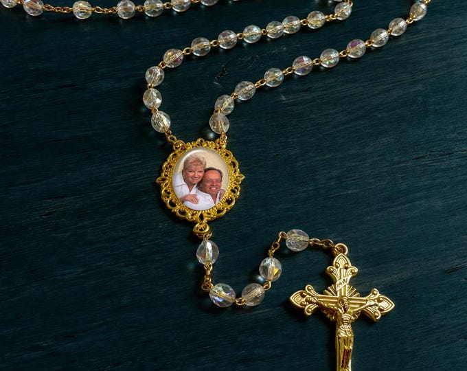 AB Crystal Photo Rosary with Gold Trim, Custom Picture Charm for Wedding Rosary, Sacraments, In Memory of or Celebration of Life Gift