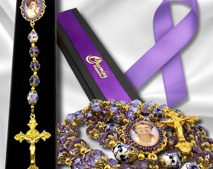 Custom Photo Rosary – Honoring Your Loved One with a Personalized Purple Crystal Beads & Gold Crucifix - Alzheimer's Awareness