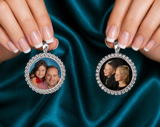 Rhinestone Custom Photo Charm, Display Frame, Necklace, Remembrance Photo Keepsake, Memorial for Bride Bouquet