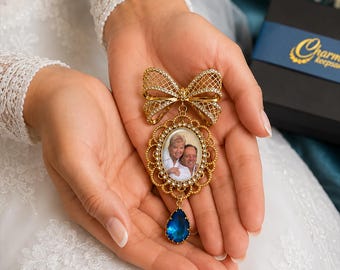 Something Blue Bridal Bouquet Charm, Personalized Wedding Photo Charm, Memorial Keepsake, Custom Bride Gift, Gold or Silver Charm