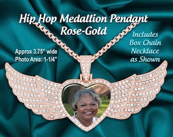 Custom Photo Hip Hop Medallion Necklace, Heart Angel Wings, YOUR Favorite Picture Personalized, Memory Keepsake Jewelry